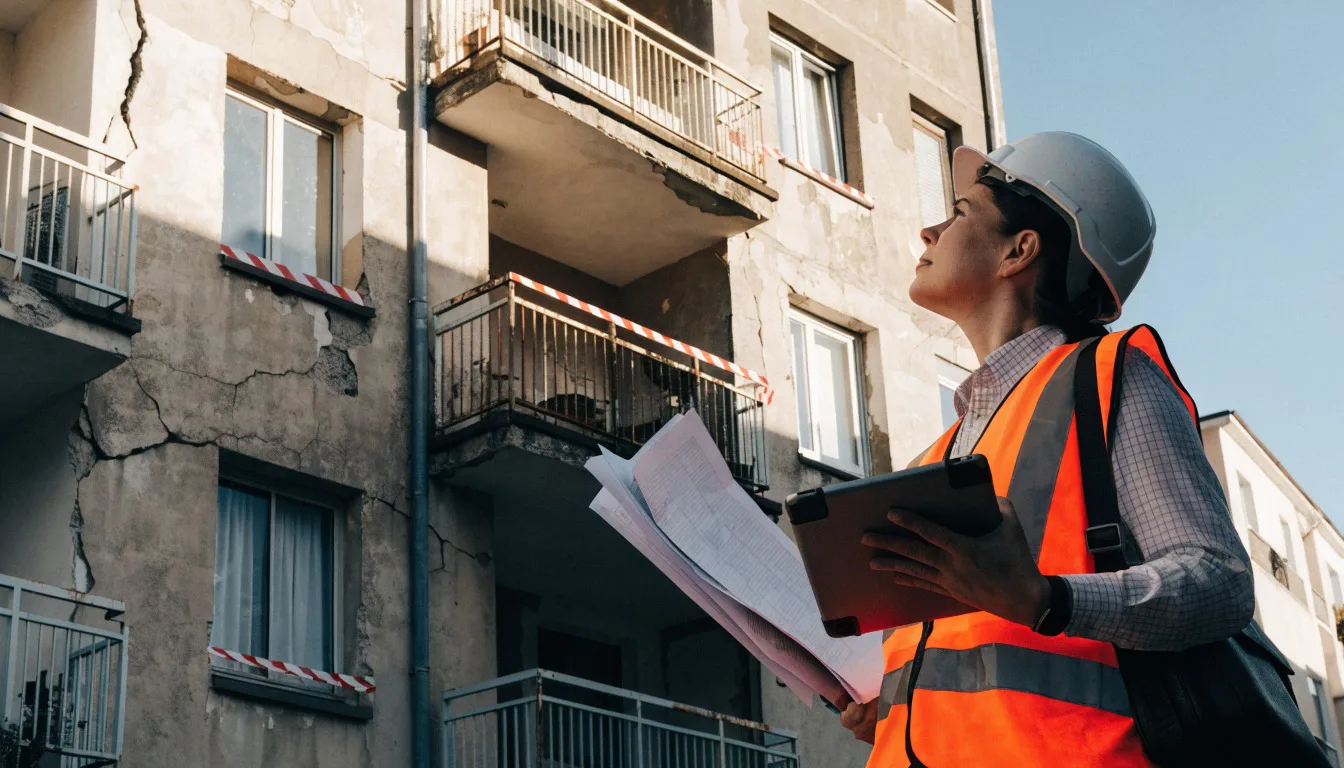 Riskli yapı tespiti için binayı inceleyen inşaat mühendisi