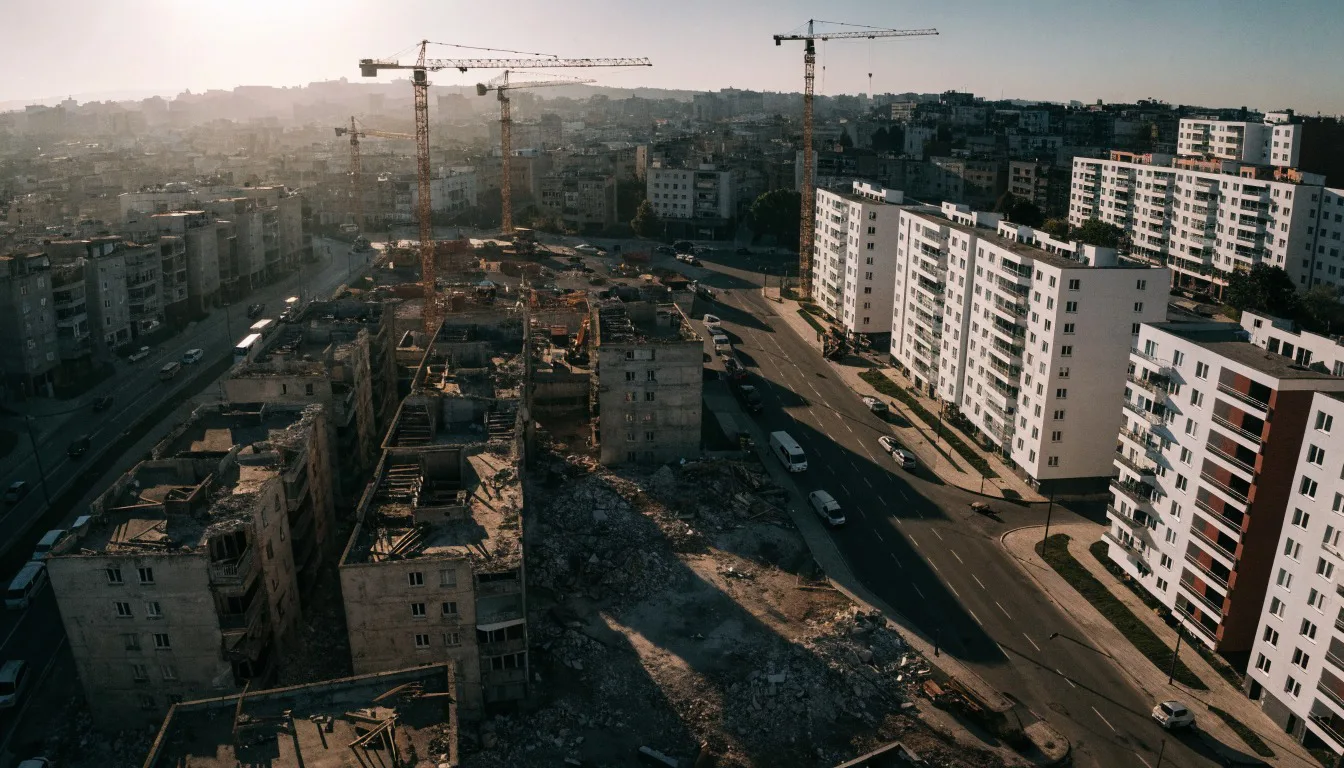 Kentsel dönüşüm bölgesinde yıkılan eski binalar ve yeni yapılar